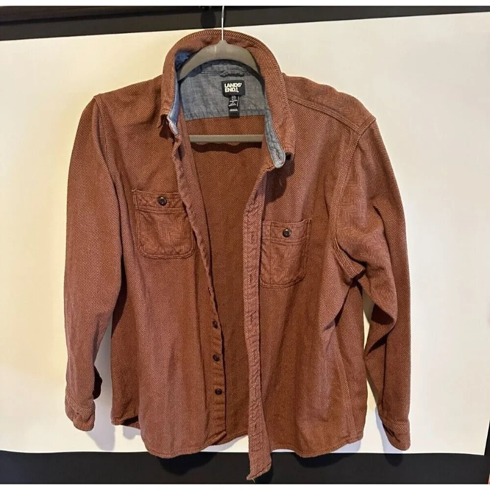 Mens XXL/Tall LANDS END Heavyweight Brown Herringbone l/s Cabincore Shirt - Picture 2 of 11